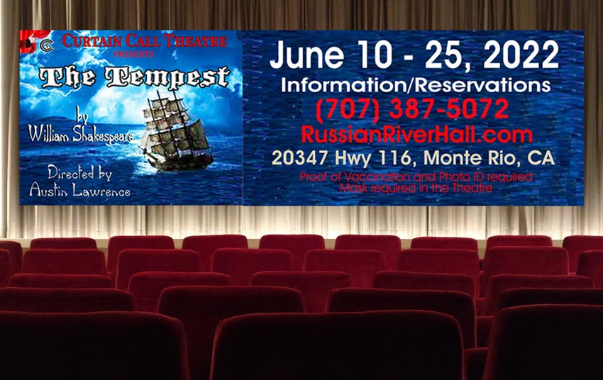 The Tempest at Curtain Call Theatre - Theatre stage with The Tempest poster with texts.