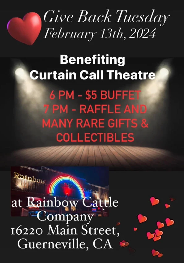 Curtain Call - Russian River Hall - Give Back Tuesday - Poster - Rainbow, heart and texts. 