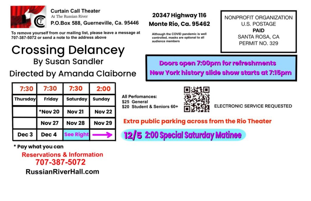 Crossing Delancey a play by Susan Sandler performed by Curtain Call Theatre (postcard front)